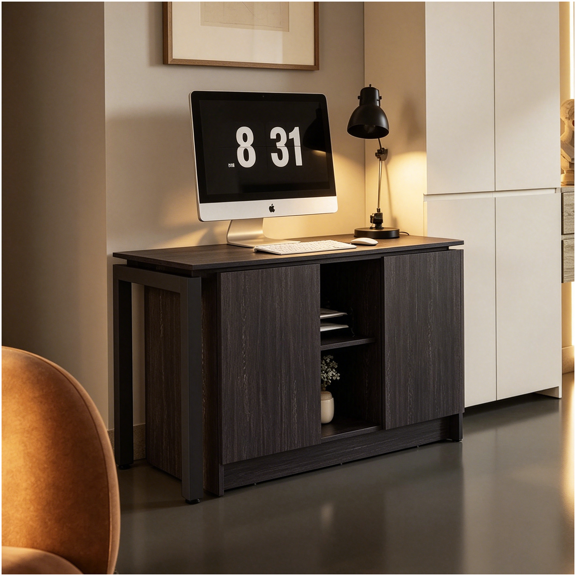 Modern Home Office Desk with Rotating Design, Built-in Storage and Walnut Finish for Study Room and Work from Home Setup
