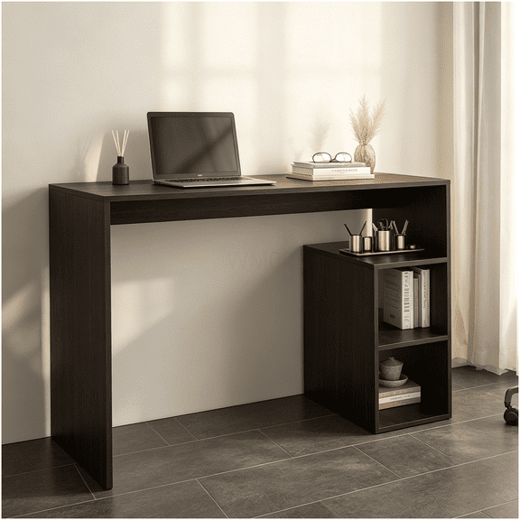 Modern Home Office Desk with Storage Shelf, Wenge Finish, Compact Computer Table for Study Room and Small Workspace