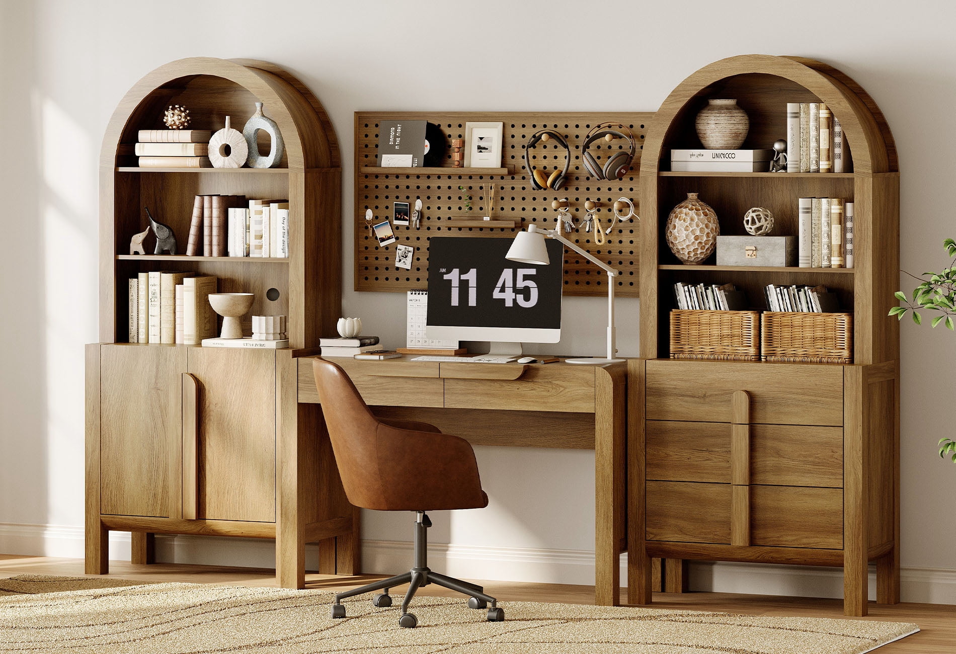 Modern Home Office Set, 47" Modern Executive Desk with Charging Station and Drawers & 2 Piece 71"H Tall 8-Tier Arched Bookcases with Cabinet for Living Room, Bedroom, Home Office