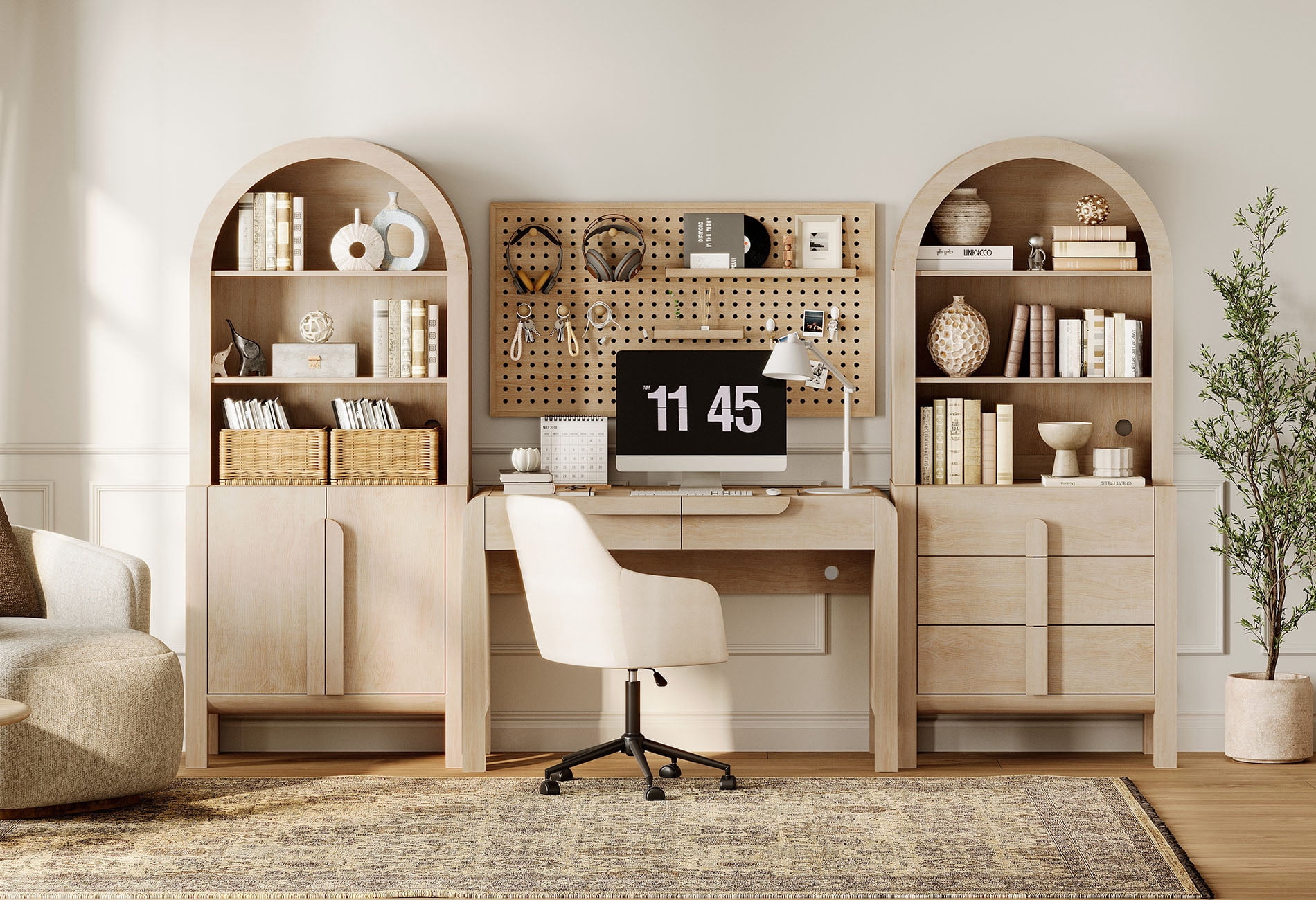 Modern Home Office Set, 47" Modern Executive Desk with Charging Station and Drawers & 2 Piece 71"H Tall 8-Tier Arched Bookcases with Cabinet for Living Room, Bedroom, Home Office