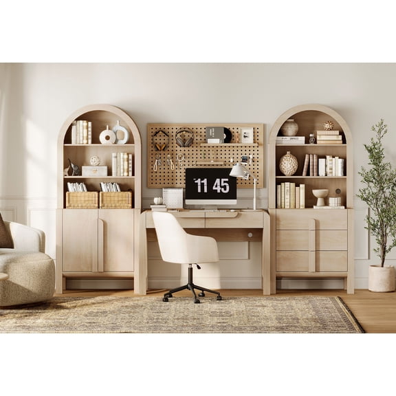 Modern Home Office Set, 47" Modern Executive Desk with Charging Station and Drawers & 2 Piece 71"H Tall 8-Tier Arched Bookcases with Cabinet for Living Room, Bedroom, Home Office