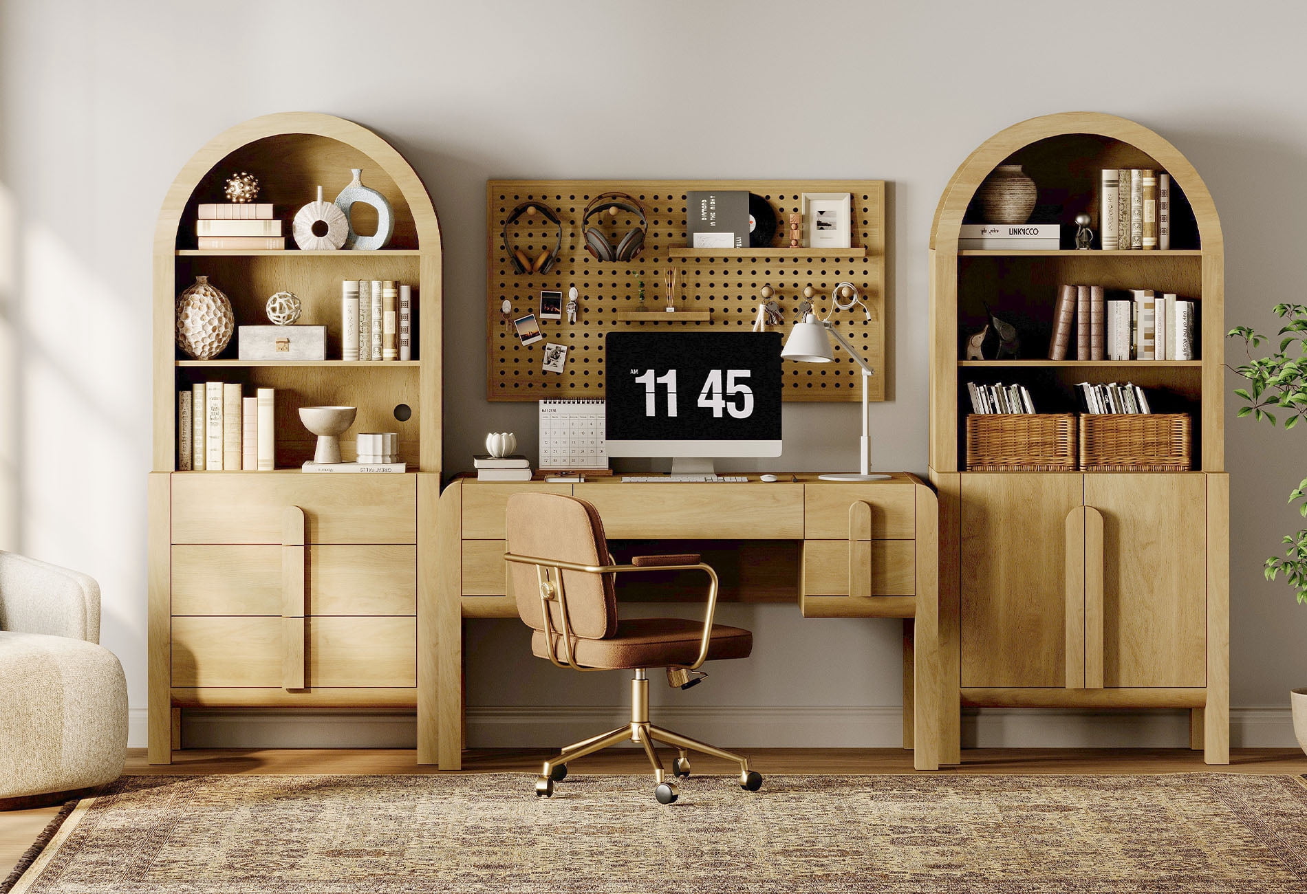 Modern Home Office Set, 53.5" Modern Executive Desk with Charging Station and Drawers & 2 Piece 71"H Tall 8-Tier Arched Bookcases with Cabinet for Living Room, Bedroom, Home Office