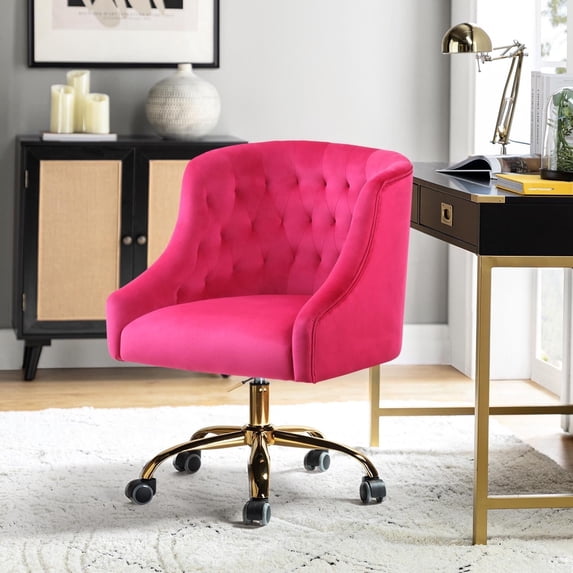 Modern Home Office Task Chair Swivel Rolling Computer Velvet Fabric Gold Legs Makeup Vanity Chairs Adult Bedroom Fushia