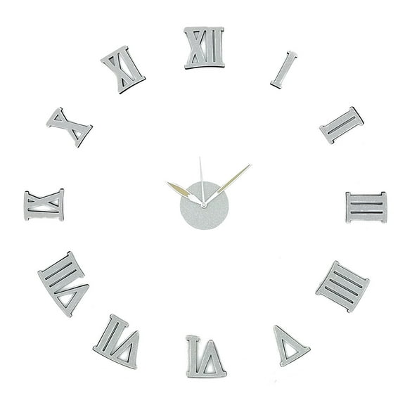 Modern Home Self Adhesive DIY 3D Wall Clock - Silver Sparkle Roman Numeral