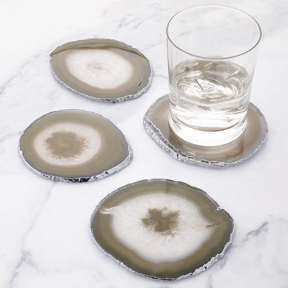 Modern Home Set of 4 Natural Agate Stone Coasters - Natural w/Silver Edge