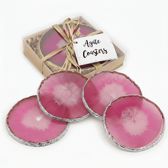Modern Home Set of 4 Natural Agate Stone Coasters - Pink w/Silver Edge