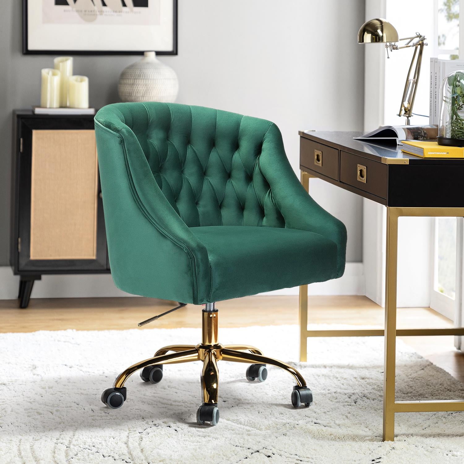 Ergonomic Green Velvet Task Chair with Gold Metal Legs