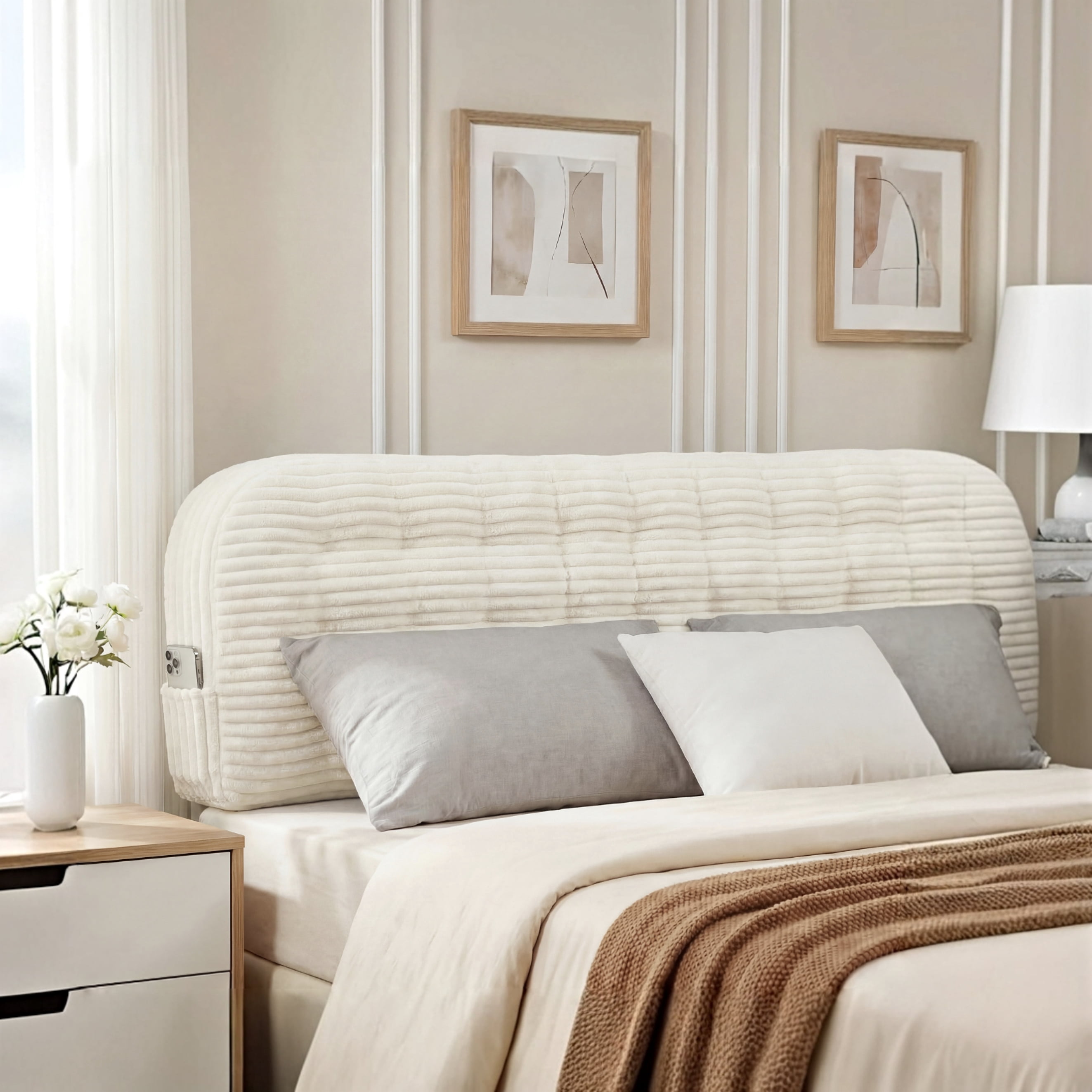 Modern Home Upholstered Twin Headboard,Stick on Headboard with Side Storage Bag, Headboard with Twin Size Memory Foam Head Board for Bedroom, Beige,Corduroy