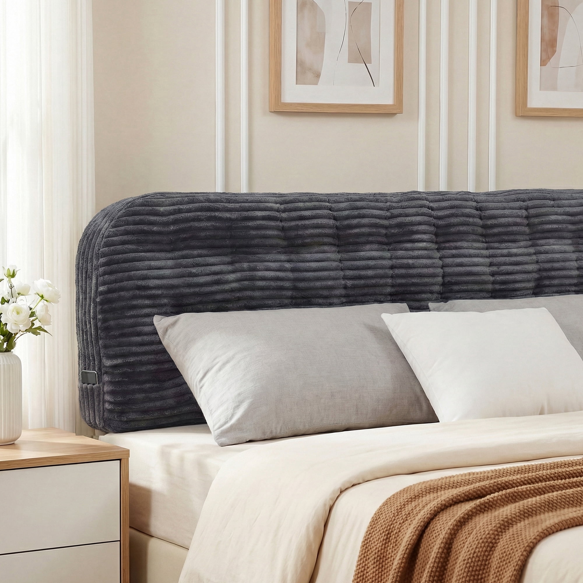 Modern Home Upholstered Twin Headboard,Stick on Headboard with Side Storage Bag, Headboard with Twin Size Memory Foam Head Board for Bedroom, Dark Grey,Corduroy