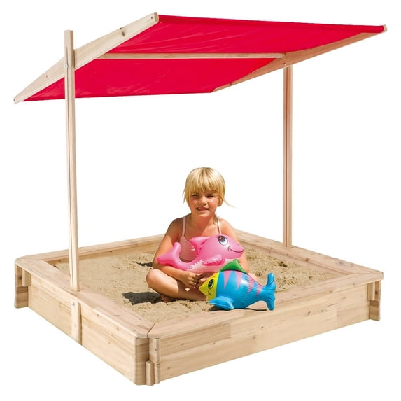 Modern Home Wooden Sandbox w/Red UV Canopy Roof