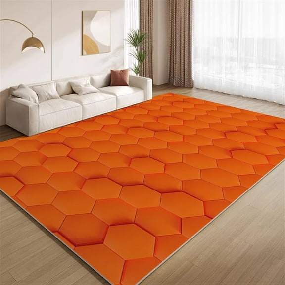Modern Honeycomb Area Rugs, Orange Hexagon Pattern Carpet, Washable Non Slip Low Pile Soft Rug for Living Room Bedroom Decor Mat 2ftx3ft