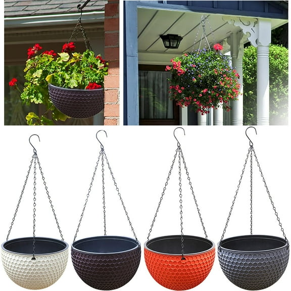 Modern Honeycomb Embossed Resin Hanging Planter for Indoor Outdoor Plants, Self Watering Hanging Basket Plant Flower Pot, Flower Planter Pot with Drainer and Chain