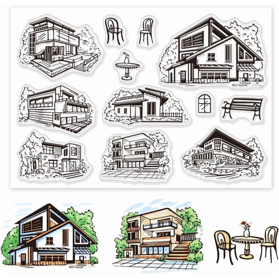 Modern House Clear Stamps House Architecture Clear Stamps Windows Chairs Clear Stamps for DIY Scrapbooking oto Album Decorative Cards Making 6.34.33inch 1sheet