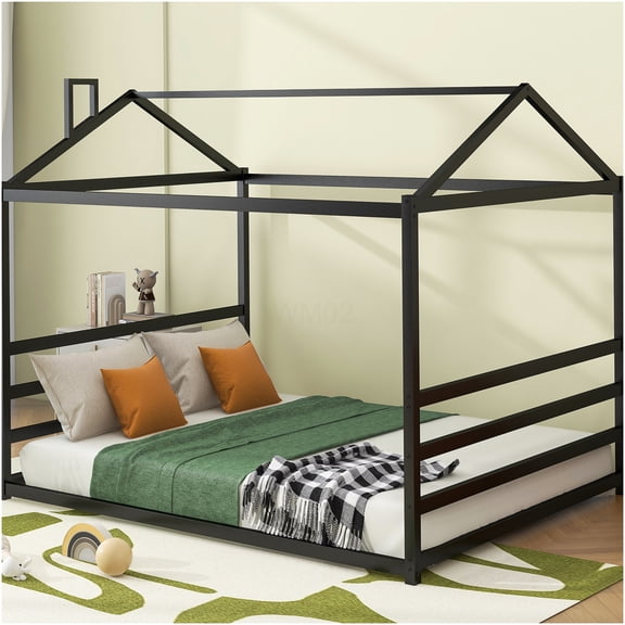 Modern House Frame Queen Metal Platform Bed with Storage, No Box Spring Needed, Steel Slat Support, Easy Assembly, Black