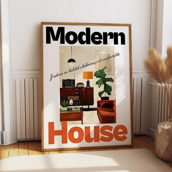 Modern House Interior Poster - Retro Living Room - Contemporary Retro Fusion Warm And Cozy Decor Wall Art, Modern Wall Decor, 16x24 UNFRAMED
