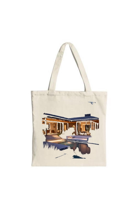 Modern House Night Tote Bag - Sleek architecture with pool reflection perfect for parties travel and shopping