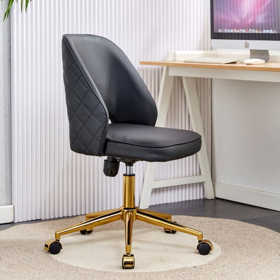 Modern Household Pu Office Chair, Adjustable 360 ° Swivel Chair Engineering Plastic Armless Swivel Computer Chair, With Wheels, Suitable For Living Room, Bedroom, Office, Hotel Dining Room Black