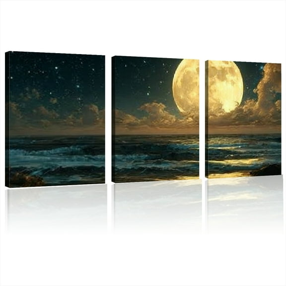 Modern Huge full moon over ocean waves at Poster for Bedroom and Living Room Decoration Cuadros, 2D/flat 12*16inch*3pcs
