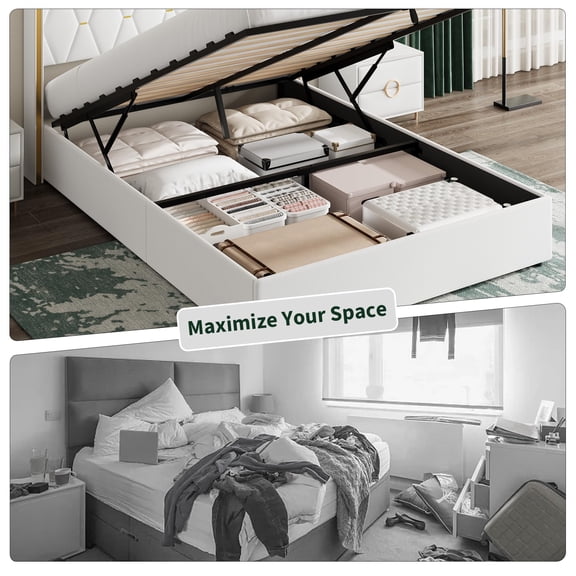 Modern Hydraulic Lift Up Storage Bed Frame - Queen Size White Suede Upholstered Platform with Diamond Tufted Wingback Headboard - Sturdy Wood Slats, No Box Spring Needed, Easy Assembly - White