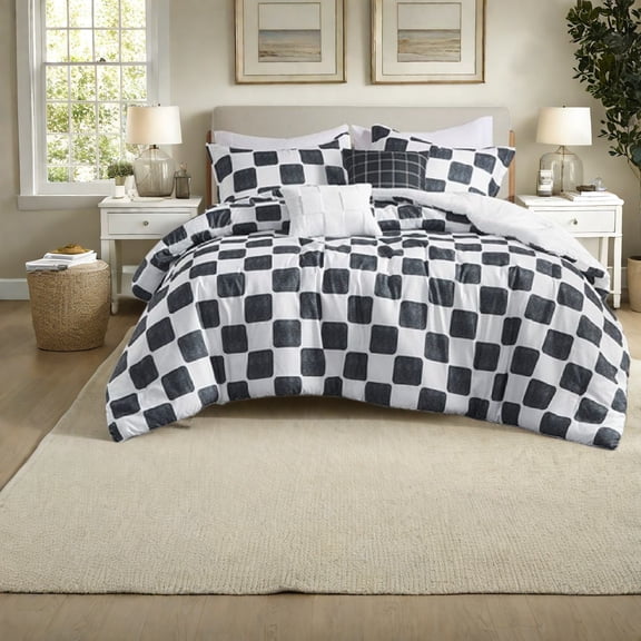 Modern Hypoallergenic Bedding Set Polyester Comforter with Checkered Design Full/Queen Size for Home