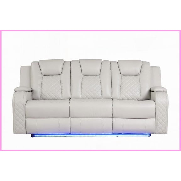 Modern Ice Pebbled Faux Leather Power Reclining Sofa  LED Lights & One-Touch Control for Living Room