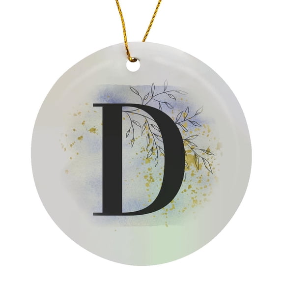 3drose, Modern Image of Blue Watercolor Image of Gold Splatter Monogram D, Circle Porcelain Ornament
