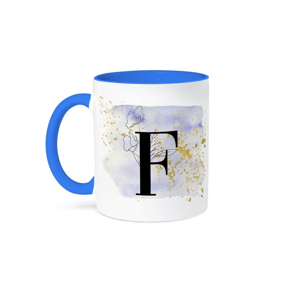 3drose, Modern Image of Blue Watercolor Image of Gold Splatter Monogram F, 11oz Two-tone Blue Mug