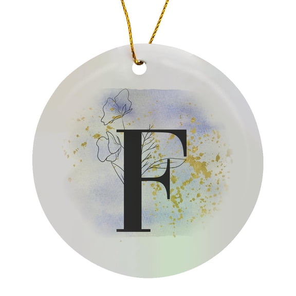 3drose, Modern Image of Blue Watercolor Image of Gold Splatter Monogram F, Circle Porcelain Ornament