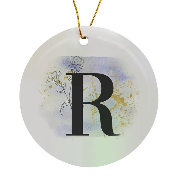3drose, Modern Image of Blue Watercolor Image of Gold Splatter Monogram R, Circle Porcelain Ornament