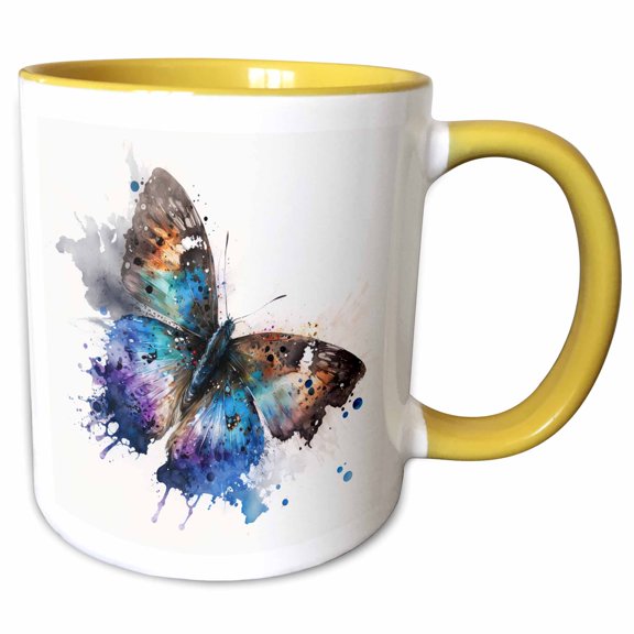 3drose, Modern Image of Watercolor Splatter Butterfly Illustration, 11oz Two-tone Yellow Mug