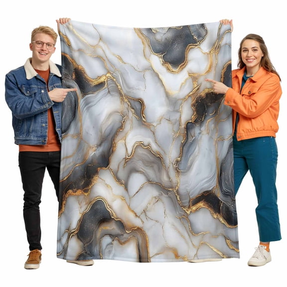 Modern Impressionist Flannel Blanket for Bed,Travel and Camping, Gold Gary Marble Texture Super Soft Cozy Blanket for All Seasons 50"x60"