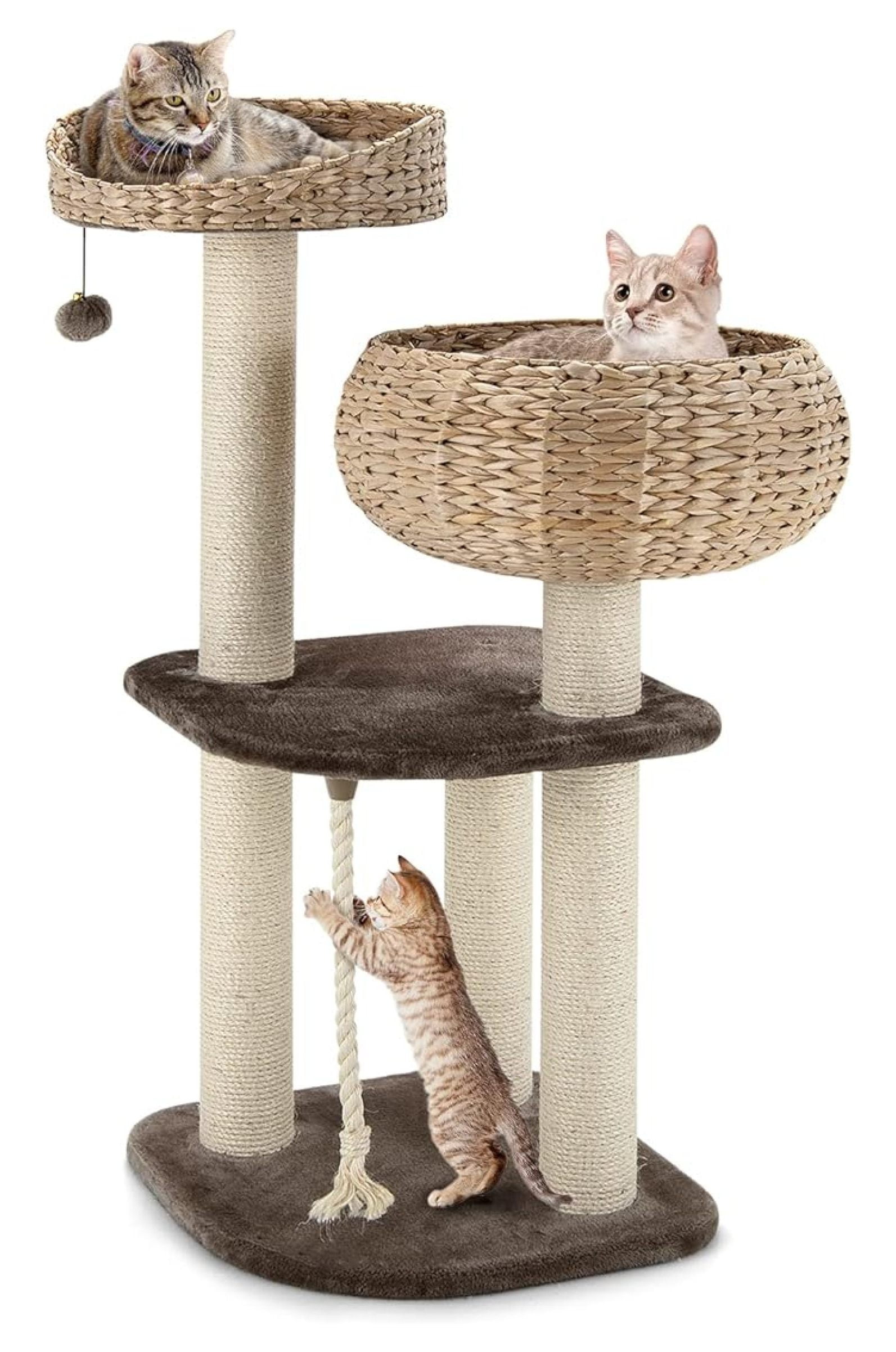 Modern for Indoor Cats, Small/Tall Cat Tower with Natural Sisal Scratching Post, Hand-Made Wicker Cat Condo & Top Perch, Funny Hanging Toy Ball, Cute Tower for Large Cats