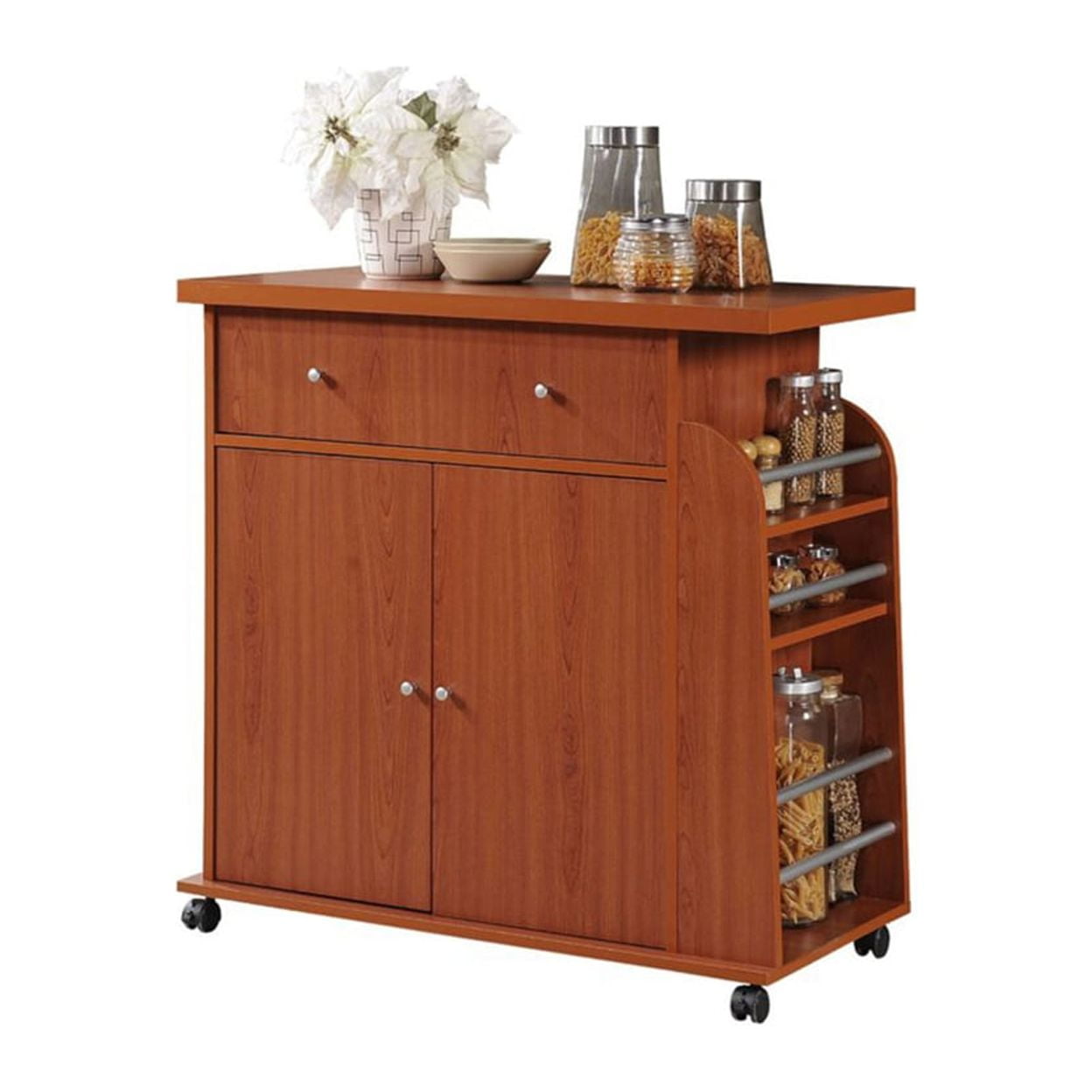Cherry Wood Kitchen Cart with 3-Shelf Spice Rack and Storage