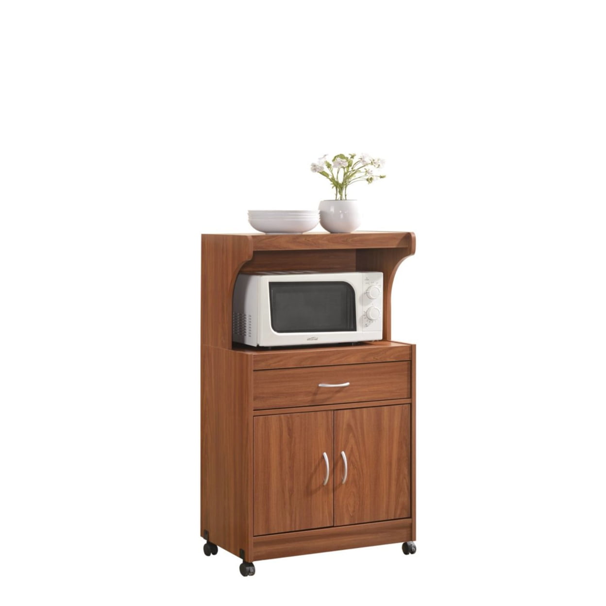 Cherry Wood Microwave Kitchen Cart with Storage and Wheels