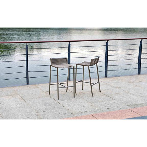 Modern Indoor Outdoor Bar Stool Set of 4, Brown Rope Weave Seat, Silver Stainless Steel Legs