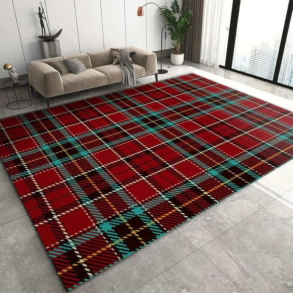 Modern Indoor Rugs, Red Green Plaid Area Rugs, Rubber Backed Washable Non-slip Foldable Holiday Decoration Mat for Living Room Bedroom Entryway Office-5x6ft
