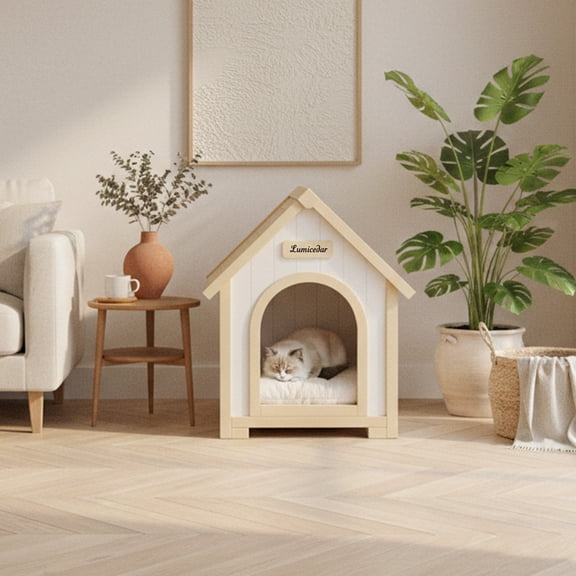 Modern Indoor Solid Cedar Wooden Pet House with EVA Soft Cushion, A-Frame Nordic Style Dog Cat Bed Shelter for Small Dogs & Cats