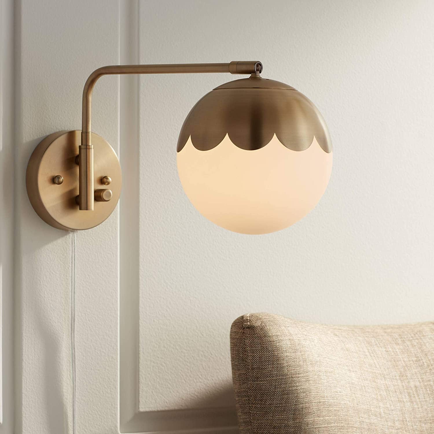 Kelowna Antique Brass Swing Arm Wall Lamp with Dimmable Globe Shade