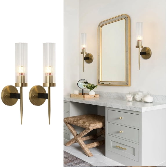 Modern Indoor Wall Sconces Sets of 2 Wall Lamp Vanity Light Antique Brushed Gold Wall Mount Lighting with Clear Glass Shade Farmhouse Wall Lights Bath Sconce for Bedroom Living Room Hallway