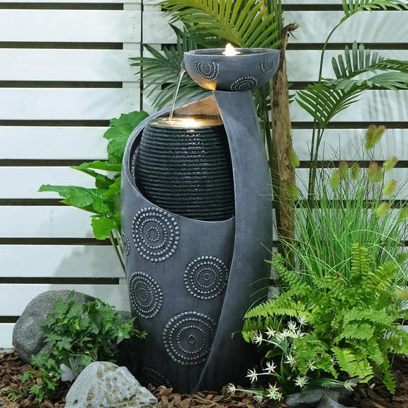 Modern Indoor Water Fountain, Curved Faux Slate Waterfall Fountain with LED Lighting - Tiered Waterfall Fountains for Garden, Patio, Backyard Decor