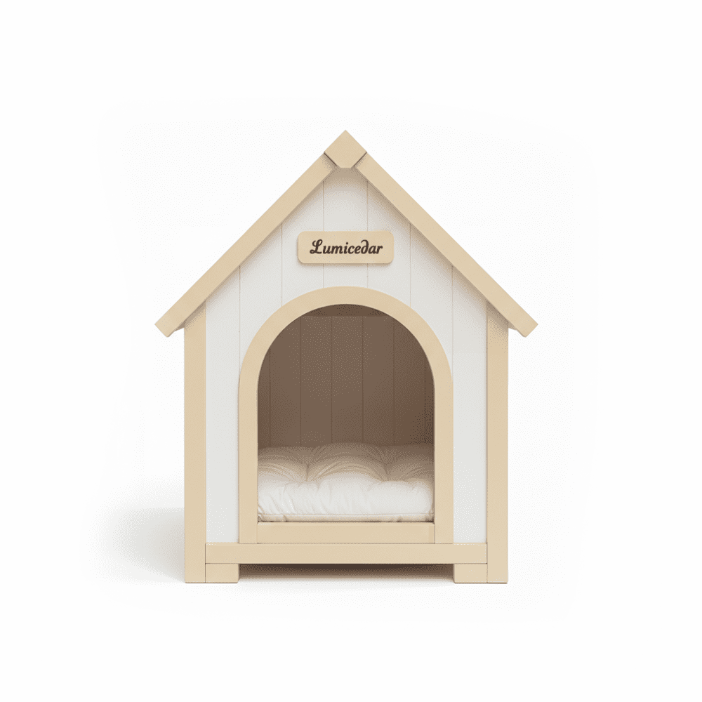 Modern Indoor Wooden Dog House with EVA Cushion, Solid Cedar Pet House for Small Dogs & Cats, A-Frame Indoor Pet Shelter with Removable Soft Bed, Creamy White