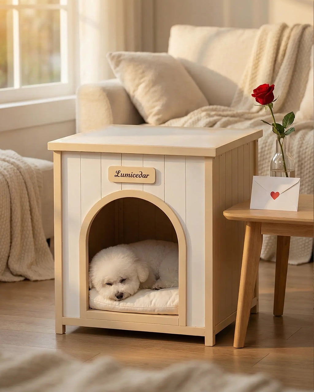 Modern Indoor Wooden Dog House Furniture-Grade Solid Cedar Pet House with Removable Cushion Scandinavian Side Table 2-in-1 Design for Small Dogs & Cats