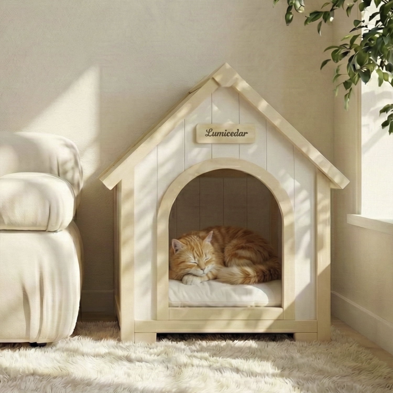 Modern Indoor Wooden Dog House with EVA Cushion – Solid Cedar Pet House for Small Dogs & Cats