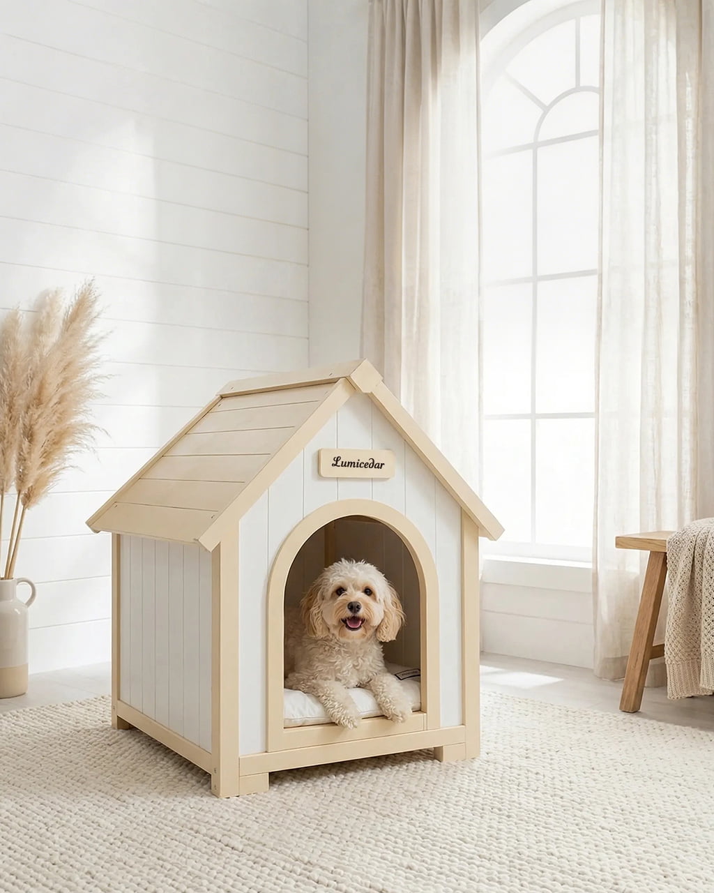 Modern Indoor Wooden Dog House with EVA Cushion – Solid Cedar Pet House for Small Dogs & Cats