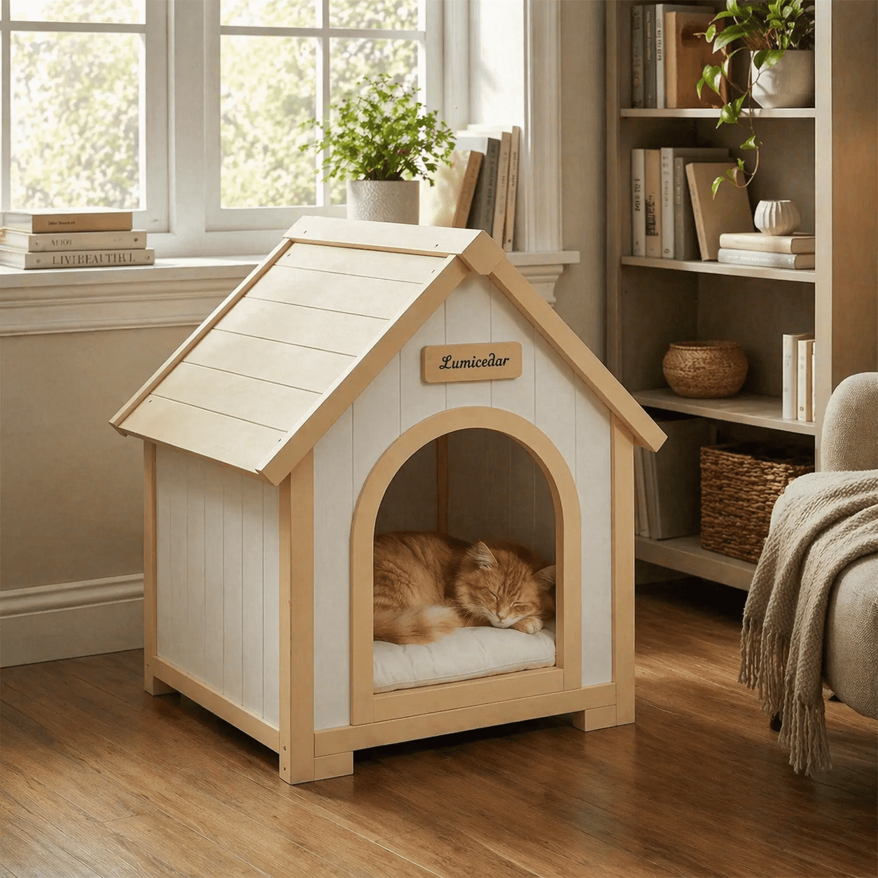 Modern Indoor Wooden Dog House with EVA Cushion – Solid Cedar Pet House for Small Dogs & Cats