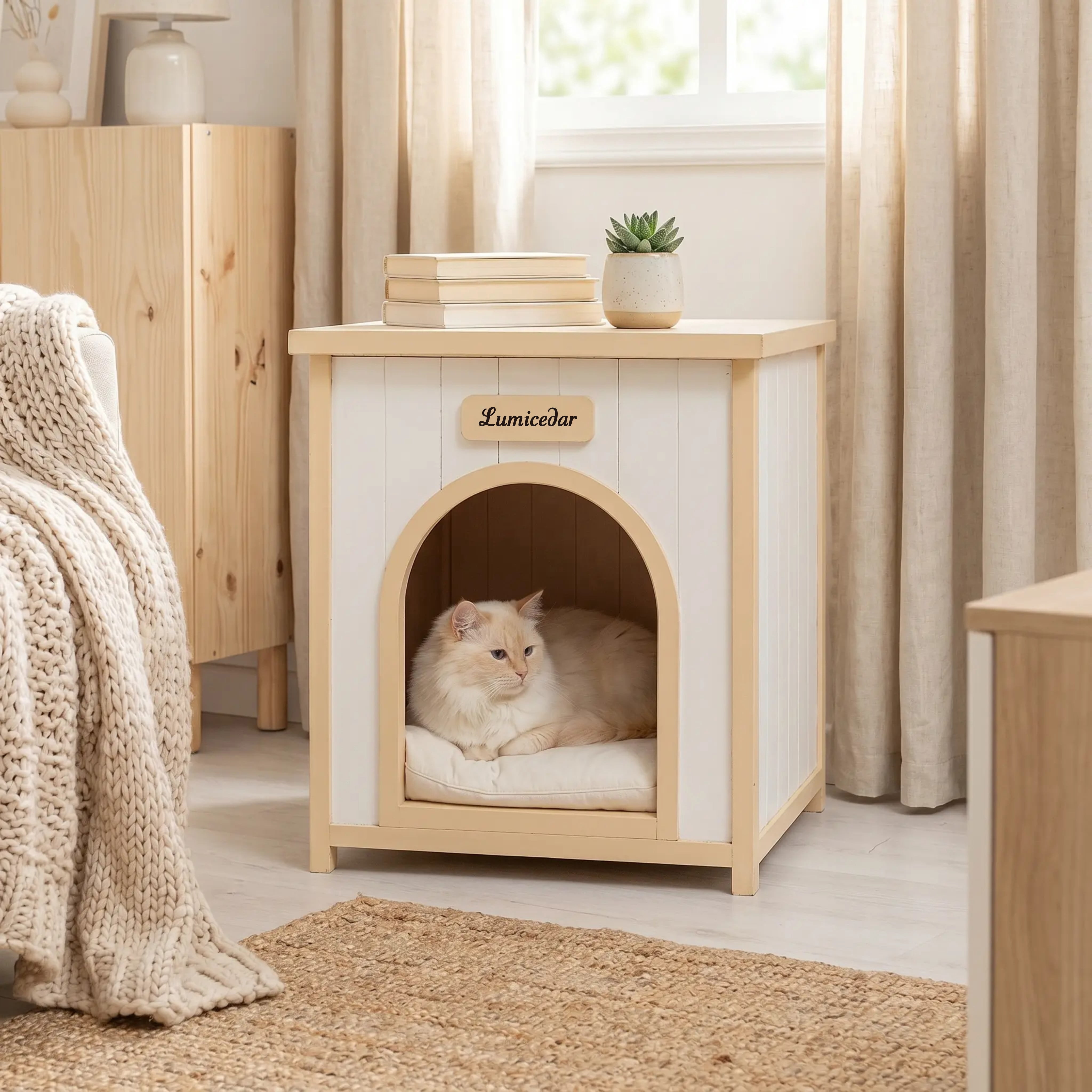 Modern Indoor Wooden Dog House with Removable Cushion – Solid Cedar Pet House for Small Dogs & Cats, Furniture-Grade Scandinavian Design