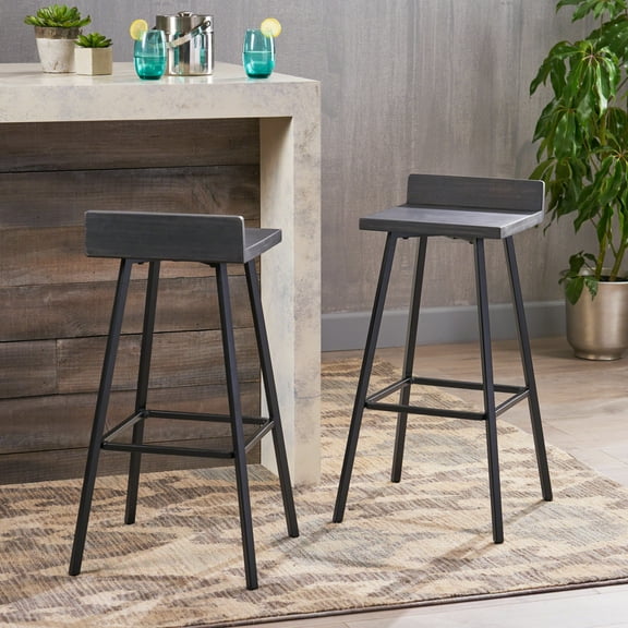 Modern Industrial Bar Stool with Acacia Wood Seat Grey Black Finish for Kitchen Counter or Home Pub Durable Comfortable Seating