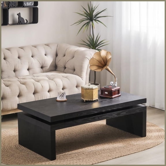 Modern Industrial Black Engineered Wood Coffee Table for Living Room - Spacious Floating Top, Easy Assembly