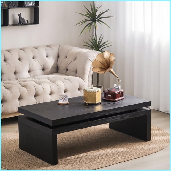 Modern Industrial Black Wood Coffee Table for Living Room - Floating Top, 47.6" Length, Easy Assembly