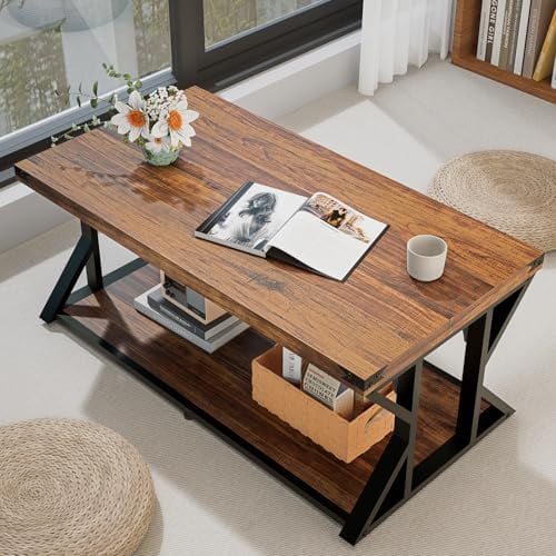 Modern Industrial Coffee Table for Living Room 43" Rectangle Accent Center Table with Storage Shelf & Metal Frame, Heavy Duty 2-Tier Cocktail Table Rustic Brown$$Furniture
